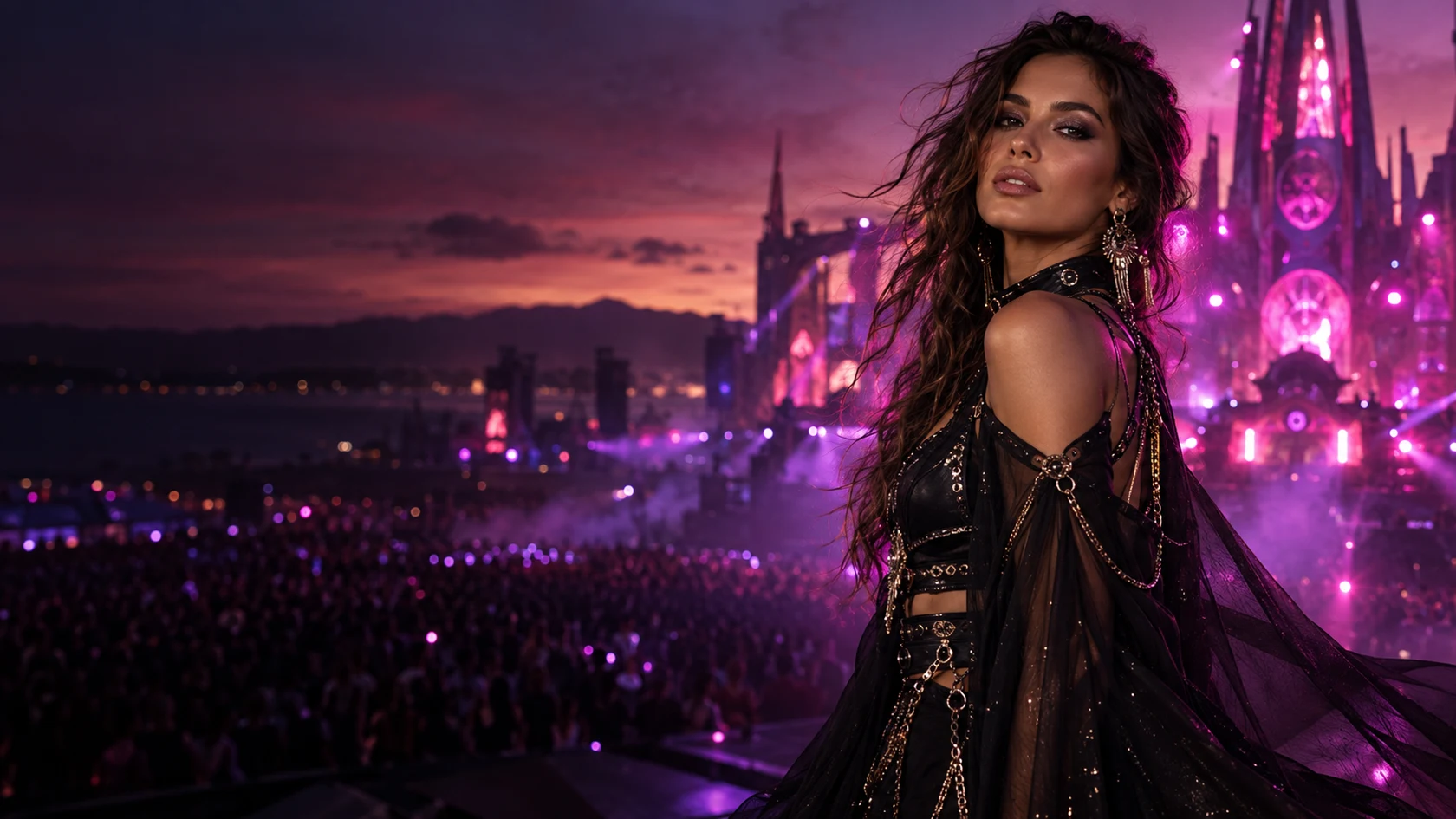Concept editorial portrait at an electronic music festival, establishing Raschild Magazine's fashion-forward visual direction